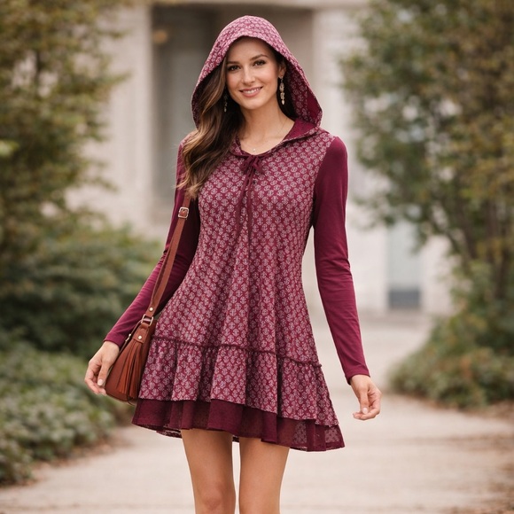 April Cornell Dresses & Skirts - April Cornell Burgundy Floral Hooded Dress Boho Prairie Tiered Size Small